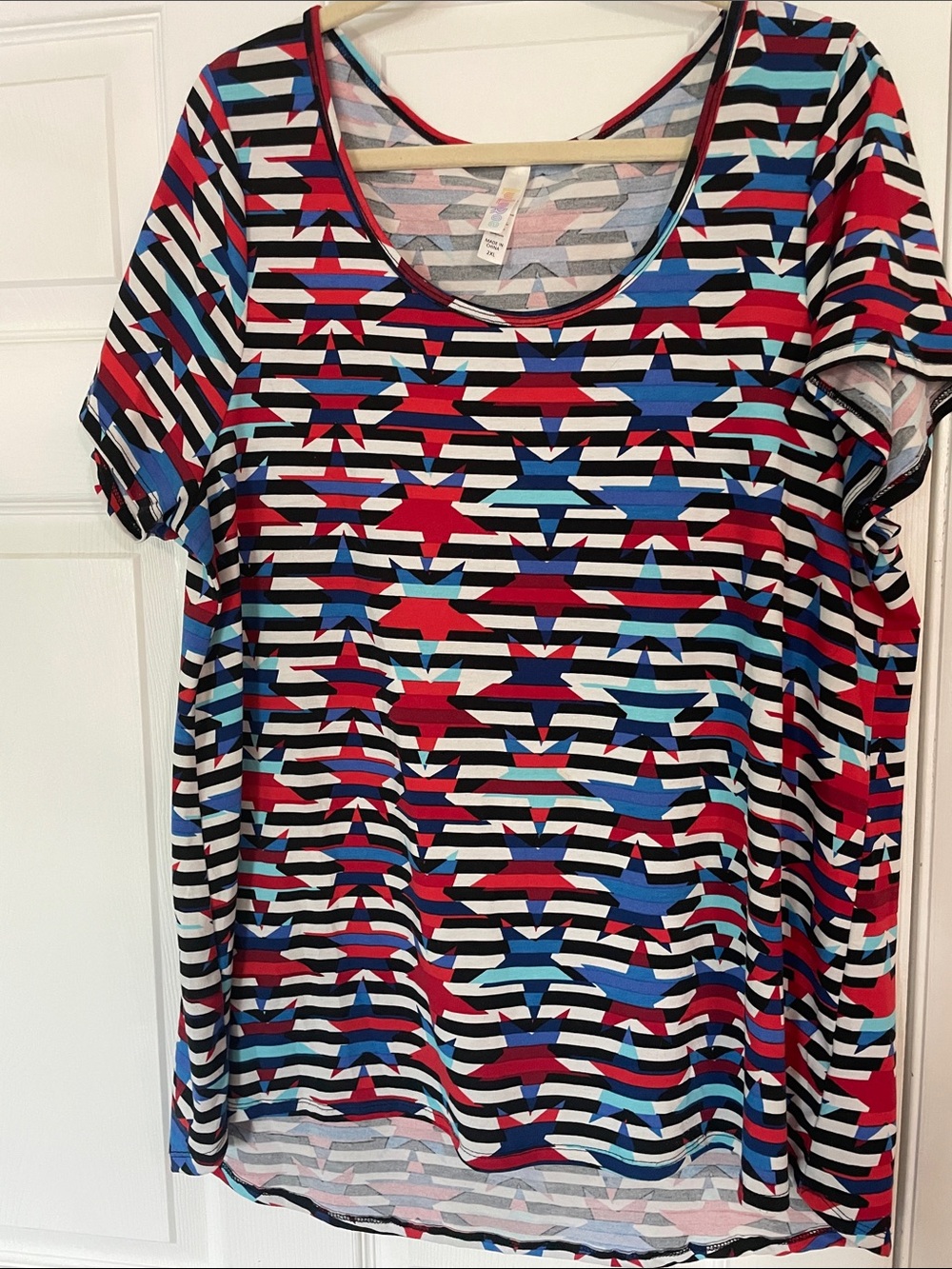 LuLaRoe Short Sleeve Star & Stripe Print Top - Red Blue Black